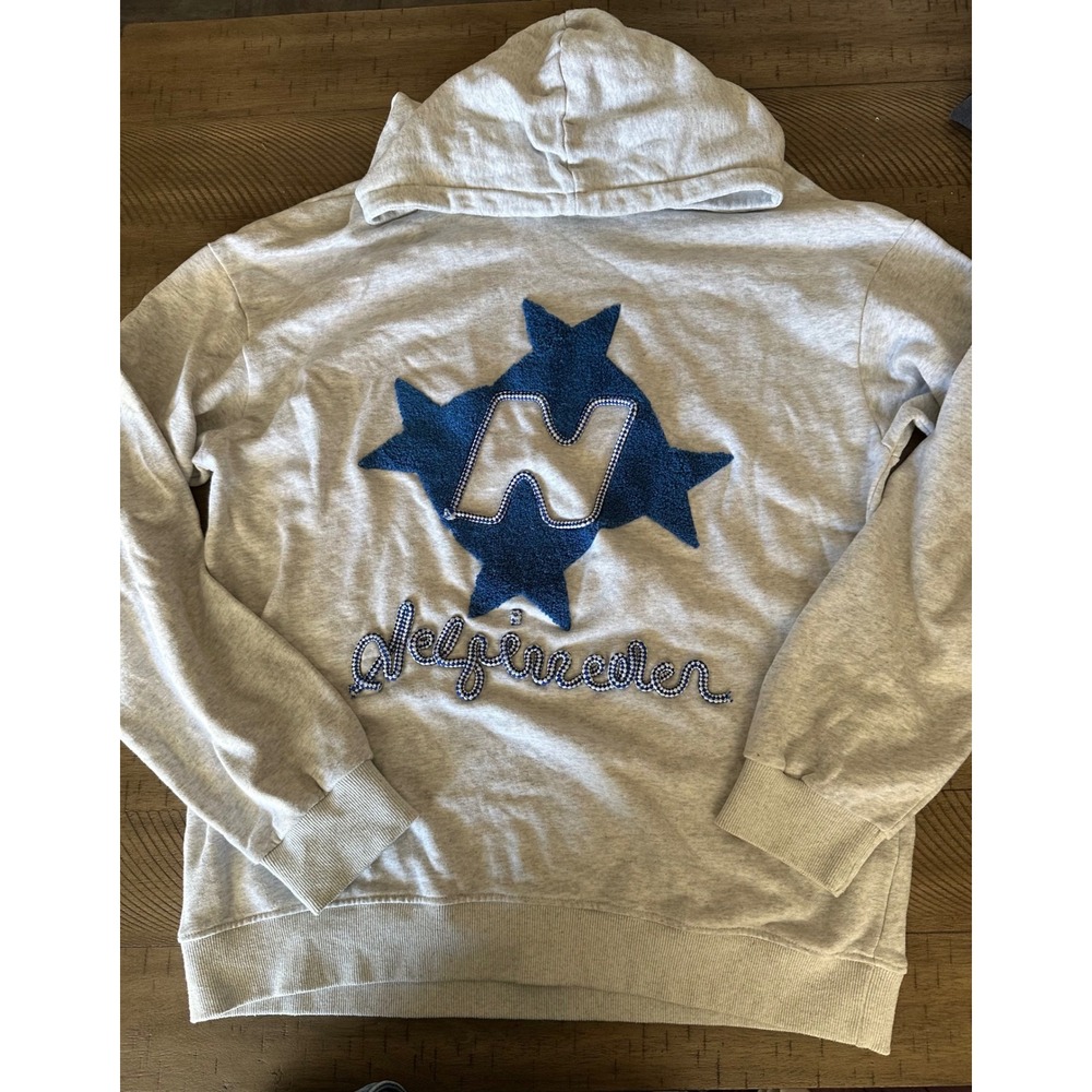 Elfric Eden Heather Grey Chenille Patch Star Graphic Hoodie Med Y2K Streetwear